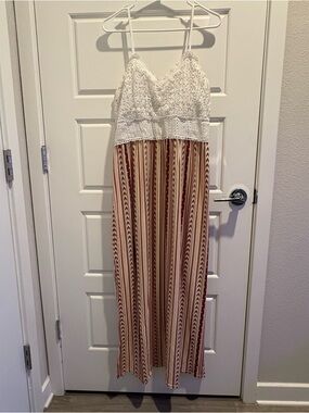 No Boundaries Boho Maxi Dress XL Lace Top Striped Slit Adjustable Straps